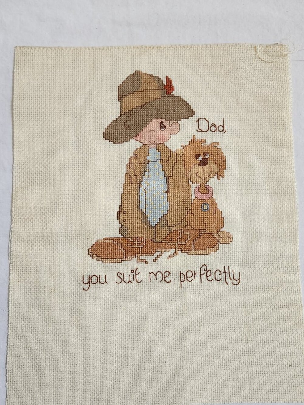 Vintage Precious Moments Dad You Suit Me Perfectly Completed Cross Stitch Dog